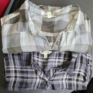 2 Terra & Sky Gray and White Plaid Button-Front Blouse 2X